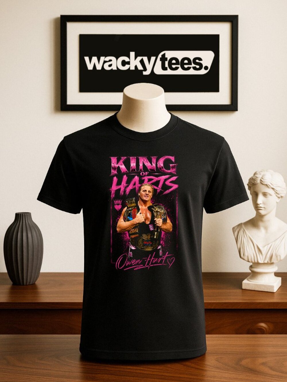 King of Harts Wrestling Legend Owen Hart Title Wrestler Style Graphic Tee Shirt